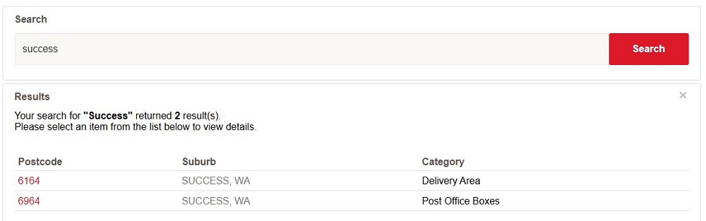 'Success' Suburb Postcode Search